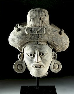 Large Zapotec Pottery Head with Ear Spools & Headdress