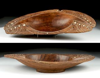 20th C. Maori Wood Bowl with Abalone Inlays
