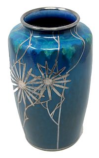 Shreve Co. Silver Overlay High Glazed Pottery Vase