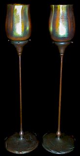 Pair Tiffany Studios Gold Favrile Bronze Candlesticks