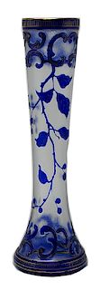 Art Glass Gold Enameled Blue Cameo Vase