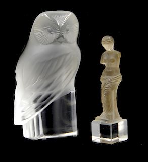 Two Frosted Art Glass Lalique Owl And Figure