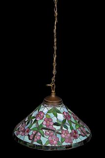Antique Leaded Glass Hanging Light W/ Bronze Fitter