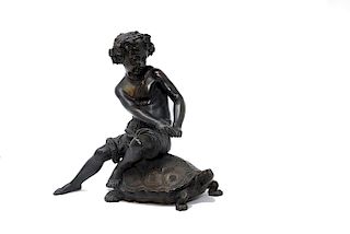 Antique Bronze Sculpture Boy Riding Turtle