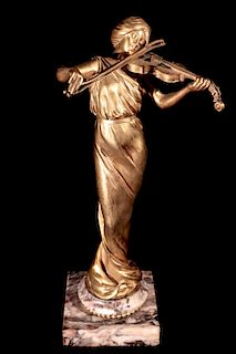 E Wante Violin Player Gilt Bronze Sculpture