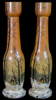 Pair Legras Enamelled Art Glass Vases Woodland Scene