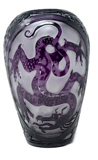 Steuben Acid Cut Back Dragon Cameo Glass Vase