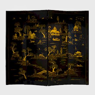 Chinoiserie Painted and Parcel-Gilt Four Panel Screen