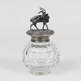 Continental Cut-Glass Inkwell with Silver Plate Lid Modeled as an Elk