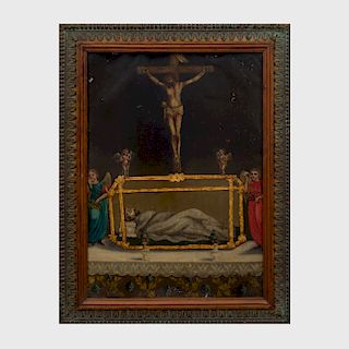Spanish School: Crucifixion with the Relics of a Saint