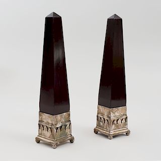 Pair of Wood Obelisks With Silver Metal Bases