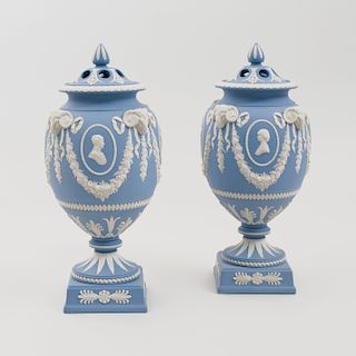 Pair of Charles and Diana Royal Wedding Wedgwood Jasperware Potpourri Vases and Covers