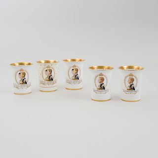 Three Mintons George VI and Queen Elizabeth Coronation Beakers, and a Pair of  Mintons Edward VII Coronation Beakers