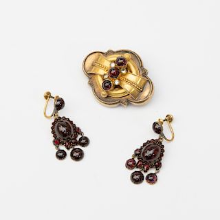 Victorian Gold and Garnet Brooch and a Pair of Similar Gilt-Metal Earrings