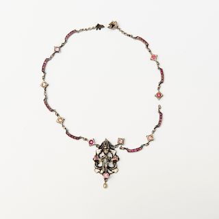 Victorian Silver, Enamel and Ruby Figural Necklace