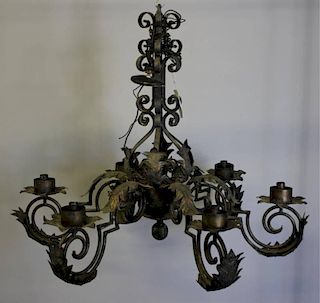 Large Patinated Metal and Iron 6 Arm Chandelier.