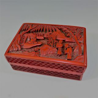 CHINESE ANTIQUE CARVED LACQUER CINNABAR BOX - 19TH CENTURY