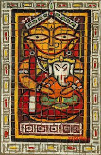 Jamini Roy (Indian, 1887-1972) Tempera Painting on Woven Card