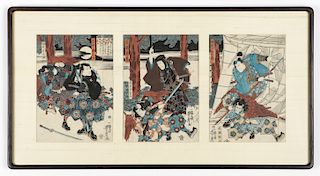 Utagawa Yoshitora (Japanese, Edo Period) Kabuki Woodblock Triptych