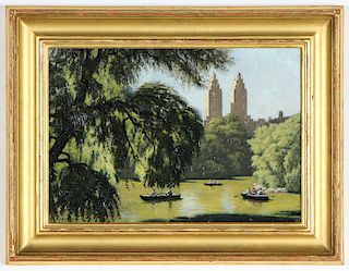 Lewis Bryden (b. 1944) "Boaters in Central Park" Oil Painting