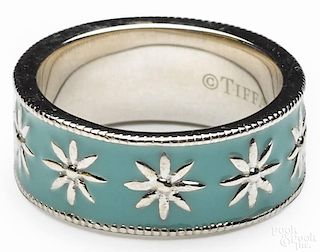 Tiffany & Co. sterling band with turquoise enameling in a Tiffany & Co. bag and box, ring size - 5.