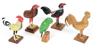 (3) Carved and Painted Wood Roosters (1) Parrot (1) Unpainted Rooster