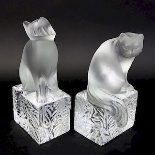 Two (2) Lalique Crystal Cat Paperweights