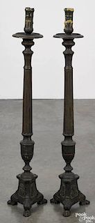 Pair of Continental brass ecclesiastical candlesticks, 19th c., 31 1/4'' h.