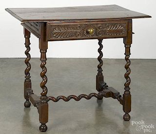 English oak tavern table, 18th c., with a carved drawer, rope twist legs, and extensive restoration