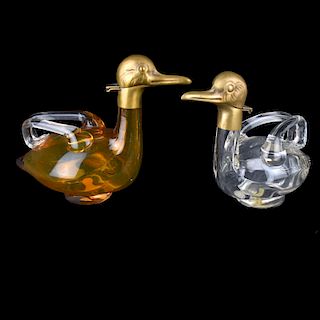 Pair Mid Century Brass Mounted Bird Decanters