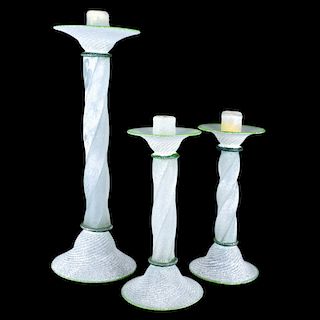 Three (3) Murano Italian Scavo Glass Candlesticks
