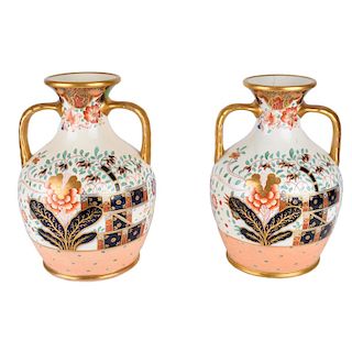 Pair Antique English Tobacco Leaf Pottery Vases