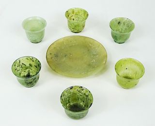 Six Carved Jade Miniature Cups & Under Plate