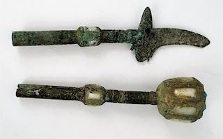 Two Ancient Oriental Bronze Inlaid Scepter & Spear