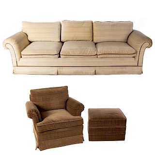 Sofá de 3 plazas, sillón y taburete. Siglo XX. Estructura en talla de madera. Tapicería de tela de diferentes colores, beige y marrón.