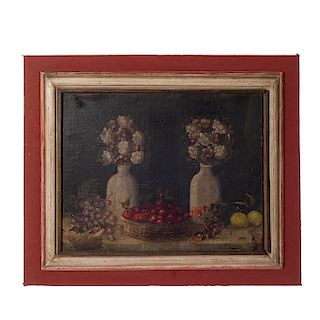 Firmado F. Rodríguez. México, Siglo XIX. Bodegón con flores y frutas. Óleo sobre tela.
