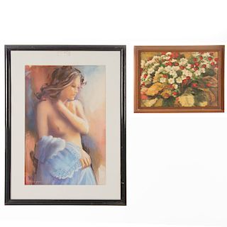 Lote de 2 obras pictóricas. Libertad Gómez Consta de: Retrato de mujer. Acuarela sobre papel y Árbol de fresas. Óleo sobre tela.