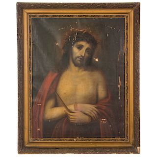 Anónimo. Jesús Rey de Burlas “El Señor de la Caña”. Siglo XIX. Óleo sobre tela. Enmarcado en madera dorada.