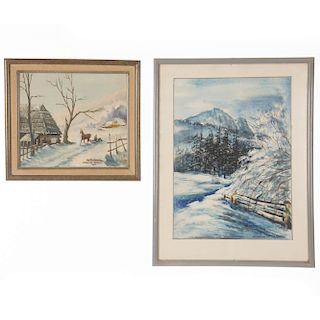 Lote de 2 obras pictóricas. Paisajes invernales. Consta de Firmado M. Marrocki. "Zokopane Harenda" y Firmado B. Jar. Lago con montañas.