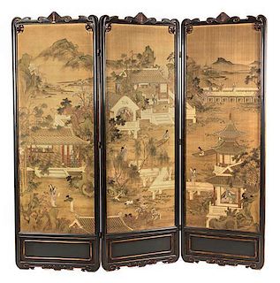 A Three-Panel Floor Screen Height 81 1/8 x width 27 3/4 inches (each panel).