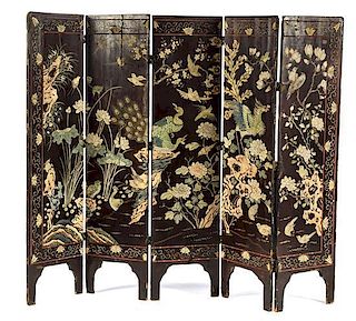 * A Carved and Polychromed Five-Panel Floor Screen Height 55 x width 14 inches (each panel).