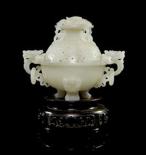 A Carved Jade Censer and Cover Height 5 1/2 inches (without stand).