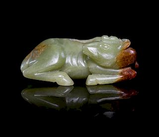 A Celadon Carved Jade Figure of Deer Length 2 1/2 inches.