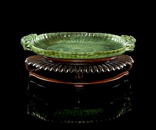 A Mughal-style Spinach Jade Chrysanthemum Dish Length 7 1/2 inches.