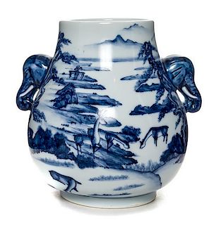 A Blue and White 'Hundred Deer' Vase Height 7 inches.