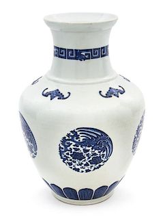A Blue and White Glazed Vase Height 13 1/2 inches.