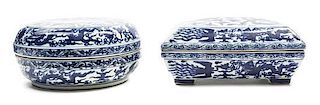 Two Blue and White Porcelain Boxes and Covers Diameter of circular box 7 1/2 inches.