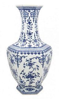 A Blue and White Porcelain Hexagonal Vase Height 27 inches.