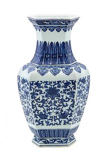 A Blue and White Hexagonal Vase Height 16 1/4 inches.