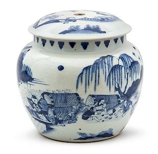 A Blue and White Porcelain Jar and Cover Height 8 1/4 inches.